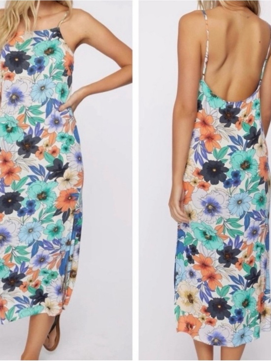 O'Neill Dresses & Skirts - O'Neill Floral Slip Midi Dress in Teal, Orange, Navy & White